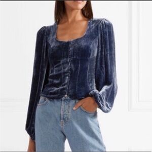 STAUD Clemence Silk Blend Crushed Velvet Long Bell Sleeves Peasant Blouse Small